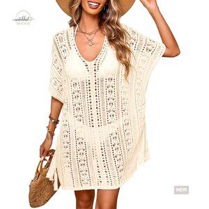 Oversized Crochet Knit Swimsuit Coverup V Neck Cap Sleeve Beach Dress